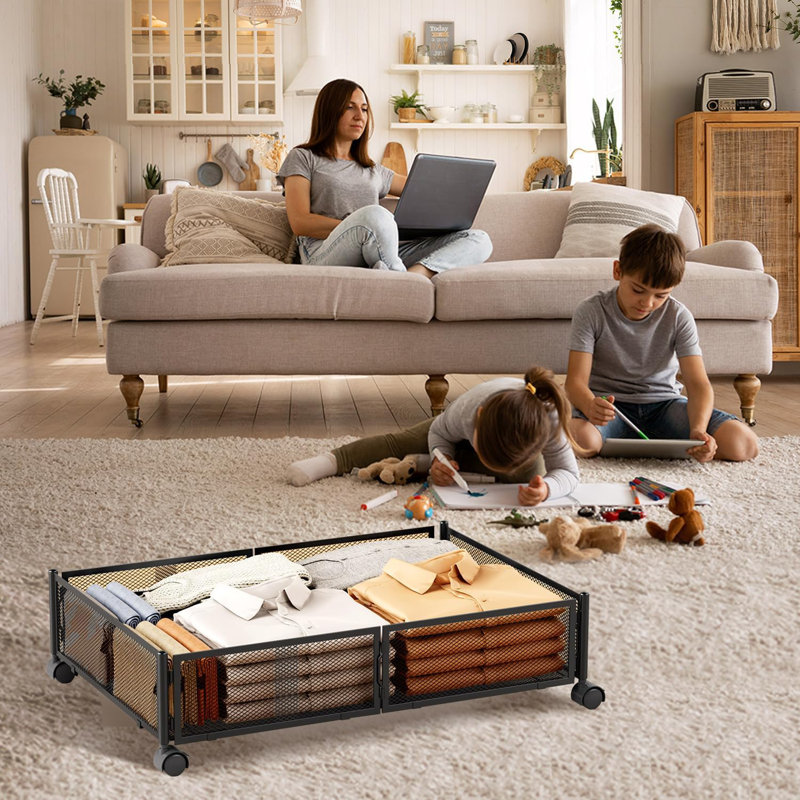 17 Stories Under Bed Storage With Wheels Under Bed Storage Containers Large Metal Foldable Space Saving Under Bed Drawer Shoe Storage Organizer On Wheels For Clothes 2 Pieces Black Wayfair